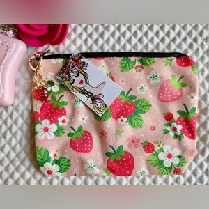 New Strawberries & Flowers Pink Makeup Cosmetic Tech Pencil Bag w/ Charm - 9.5”